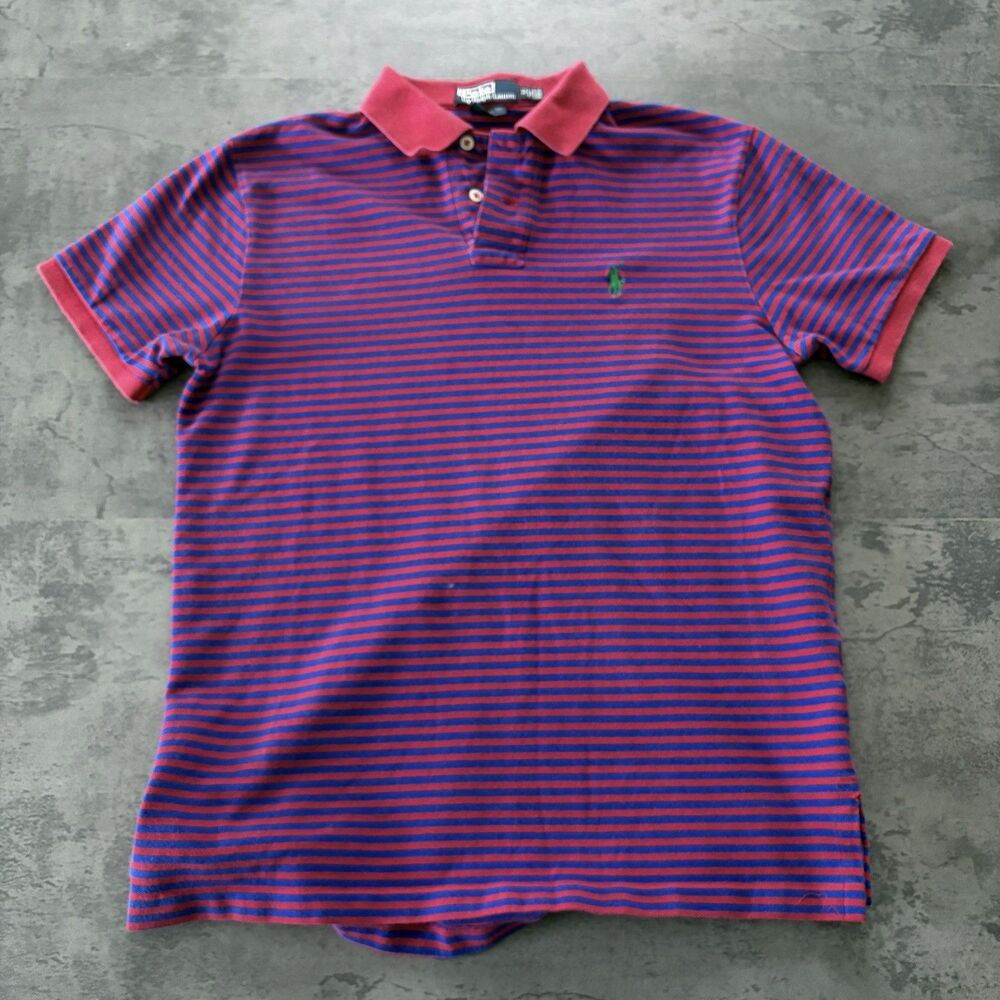 VTG 90s Polo Ralph Lauren Striped Polo Shirt Red Blue Pony M Vintage
